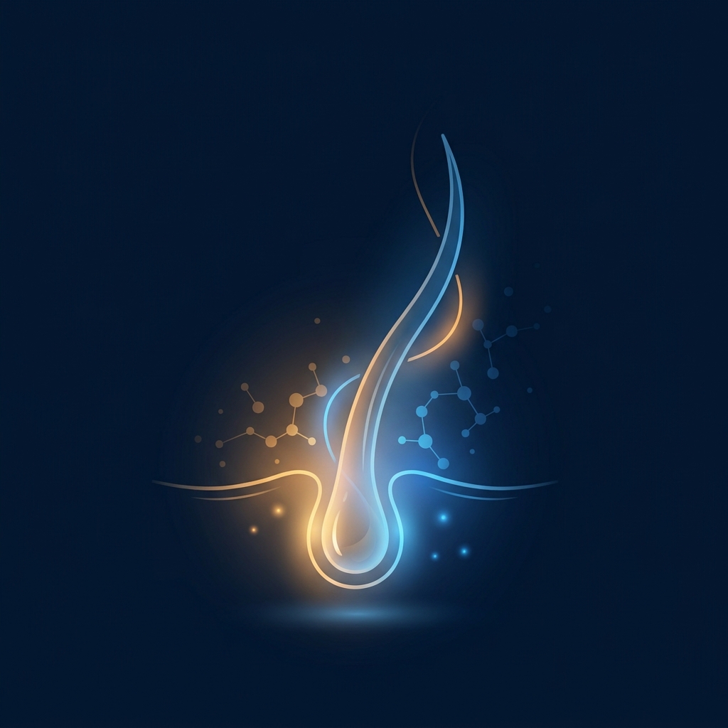 Stylized illustration of a hair follicle glowing with cellular activity, representing minoxidil hair loss treatment effectiveness