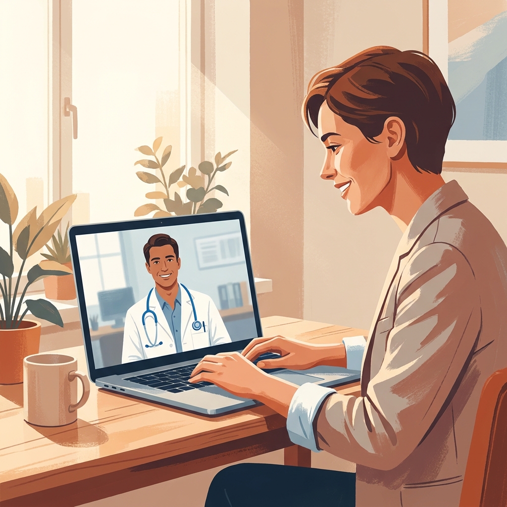 Person preparing for a virtual hair transplant consultation on a laptop at a modern home desk