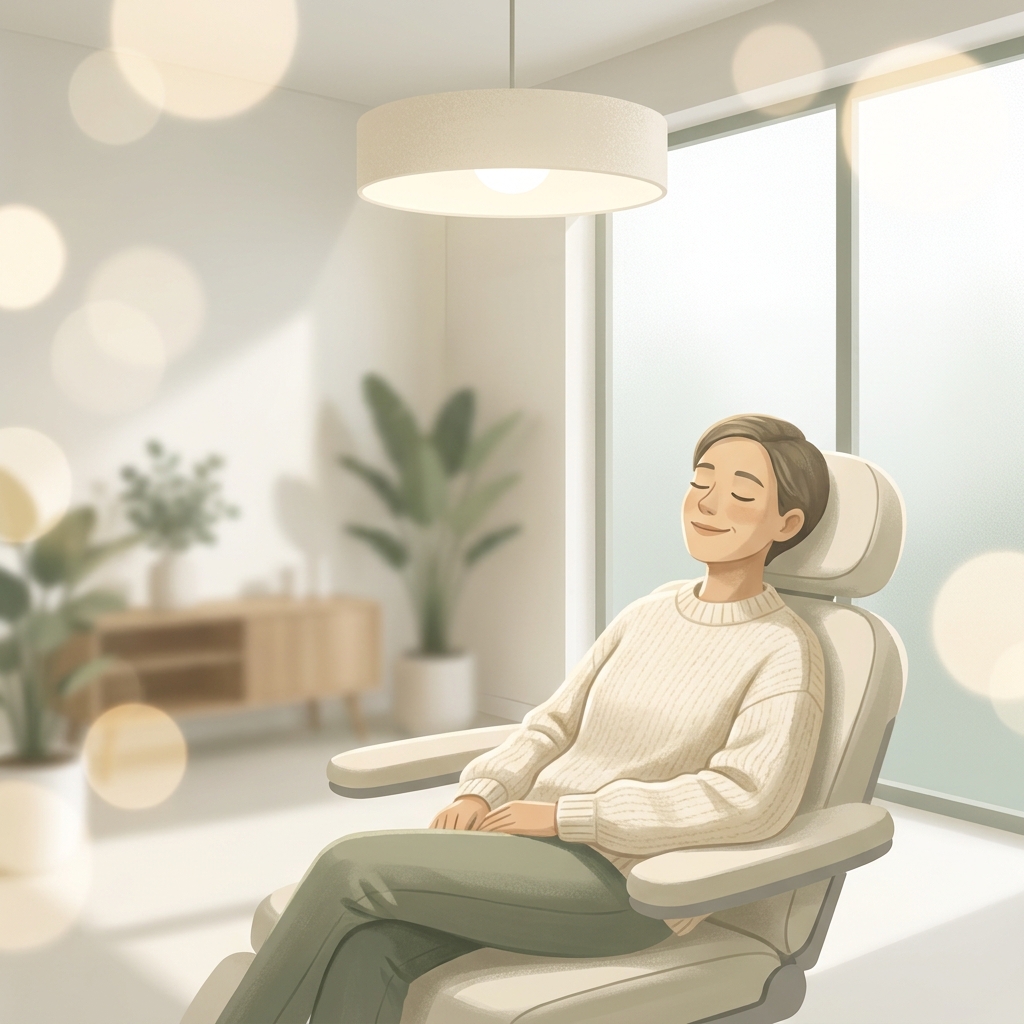 Calm patient relaxing in a modern clinic chair, illustrating what to expect with hair transplant anesthesia