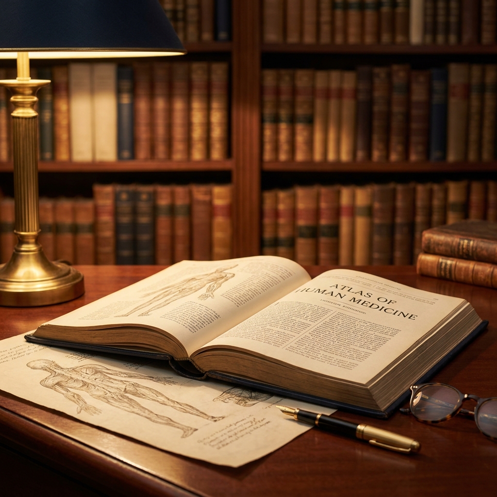 Hair transplant book written by surgeons open on a physician's desk in a distinguished medical library setting.