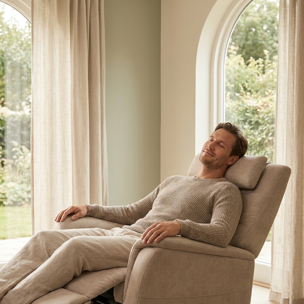 Relaxed patient in a modern clinic chair, conveying comfort and calm during a hair transplant procedure