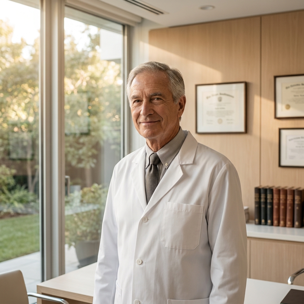 Physician at a hair restoration clinic with physician trainers standing confidently in a modern consultation office.