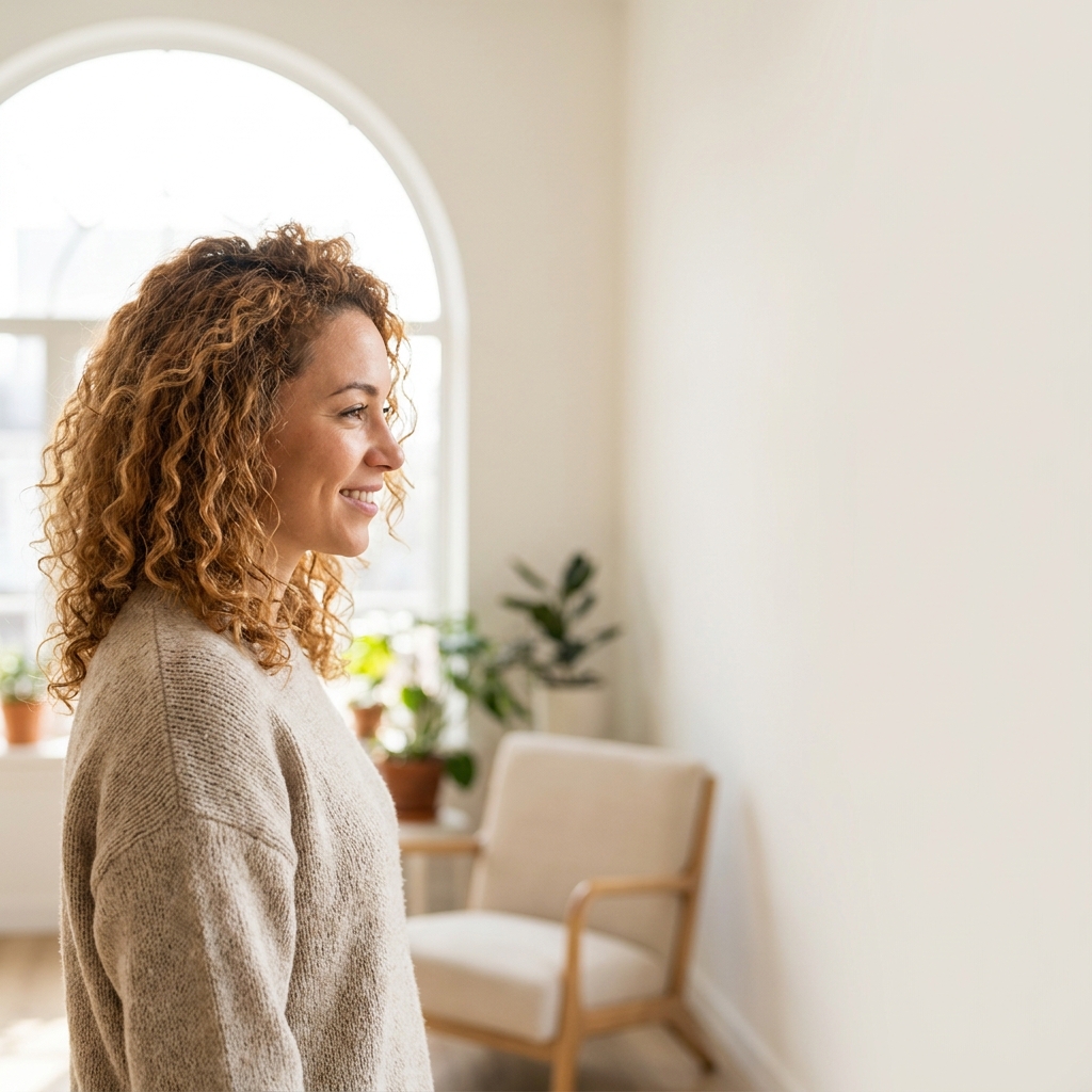Person with healthy full hair in bright modern setting, representing effective hair loss prevention strategies