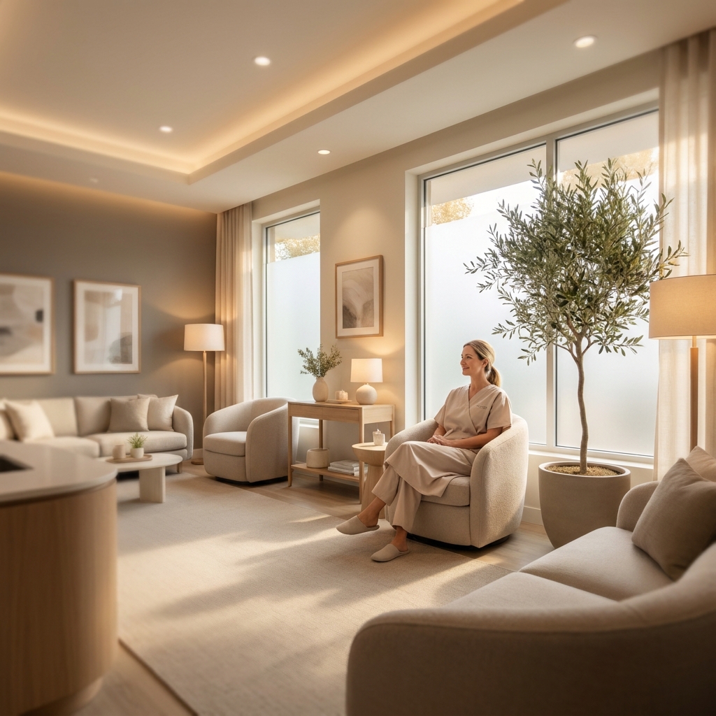 Calm modern clinic room evoking a reassuring hair transplant surgery day experience