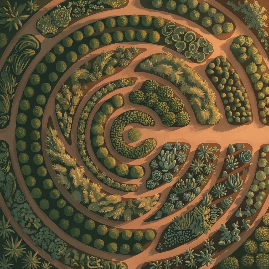 Aerial illustration of a precisely zoned botanical garden representing hair transplant graft placement density principles
