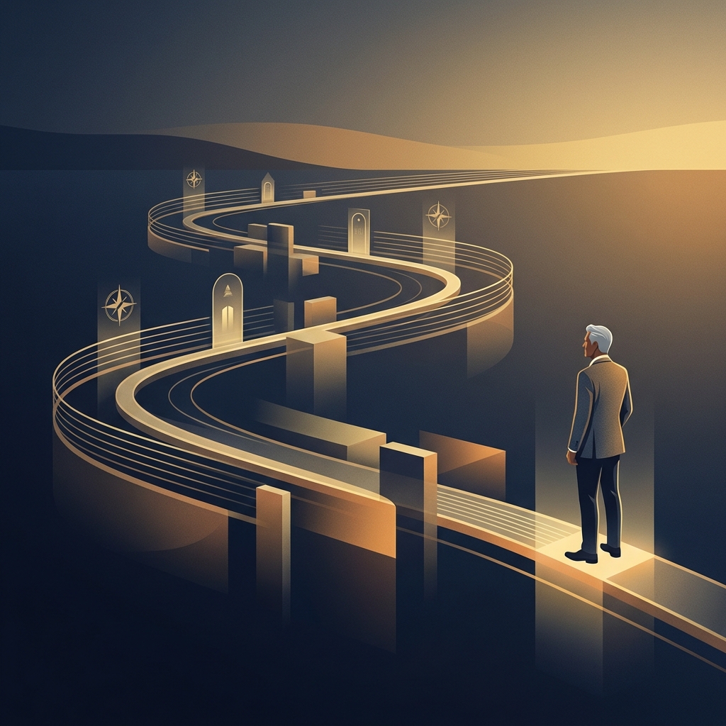 Illustrated timeline roadmap representing long-term hair restoration planning across decades with a confident man at the end