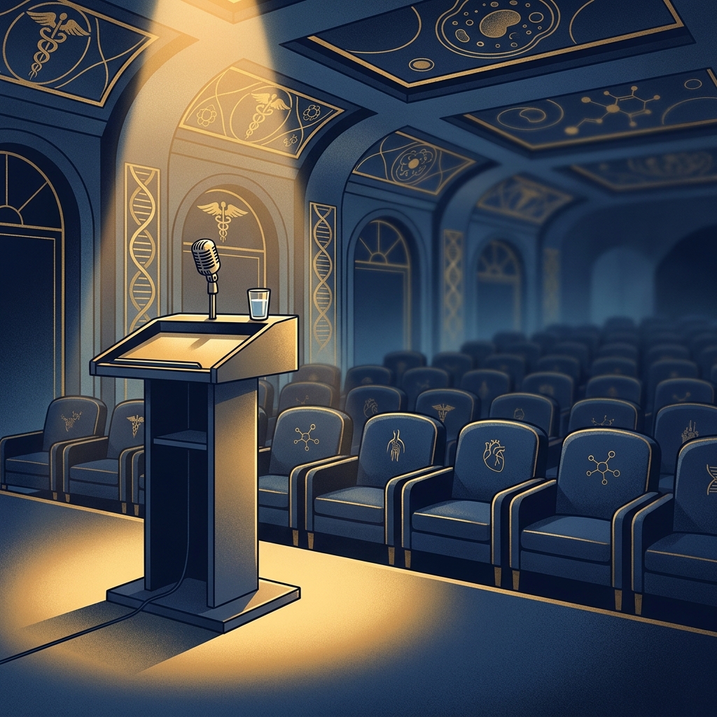 International medical conference stage with podium, representing hair transplant international conference speakers and peer-vetted expertise