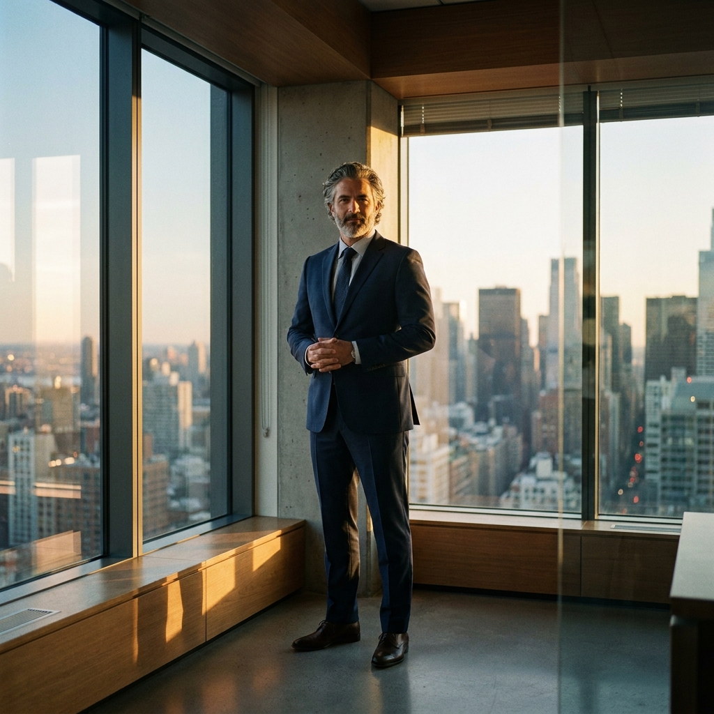 Confident executive with full hair standing in modern office — hair transplant for professionals and executives