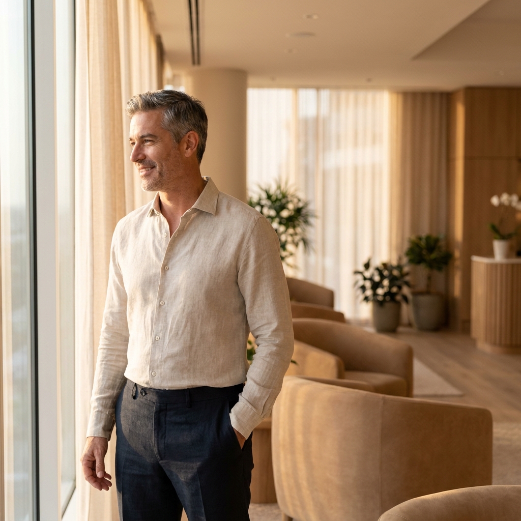 Confident man experiencing FUE hair transplant minimally invasive benefits in a modern, calming environment