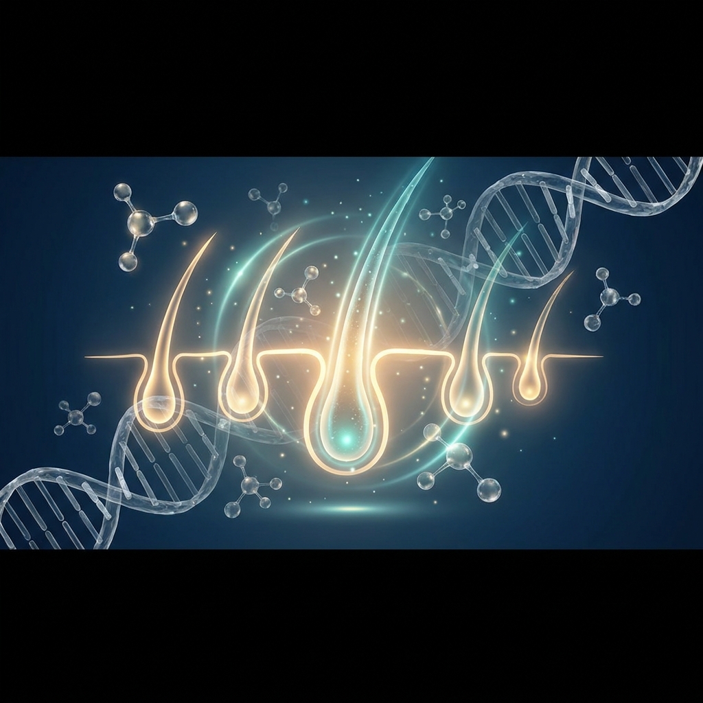 Glowing hair follicle scientific illustration representing hair loss research latest findings and clinical breakthroughs