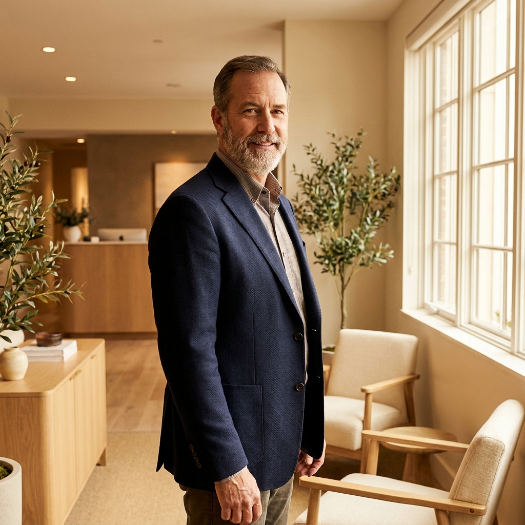 Confident man over 50 in a modern consultation setting representing hair loss treatment options for men over 50