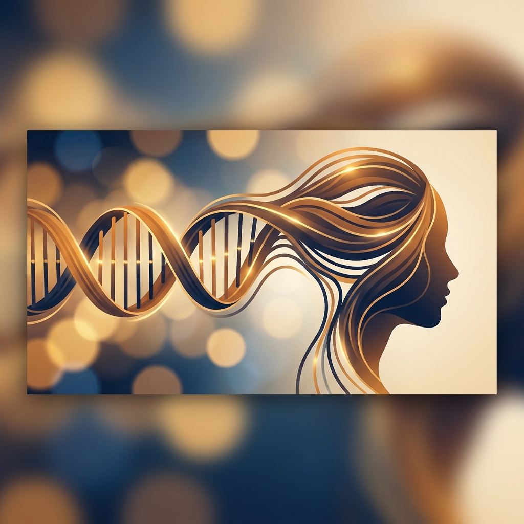 Illustrated DNA helix merging with a human profile silhouette, representing the link between genetics and hair loss.