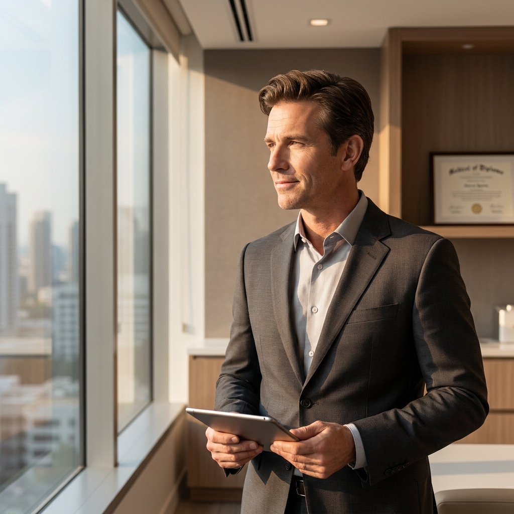 Confident man weighing hair transplant vs hair system wig options in a modern consultation setting