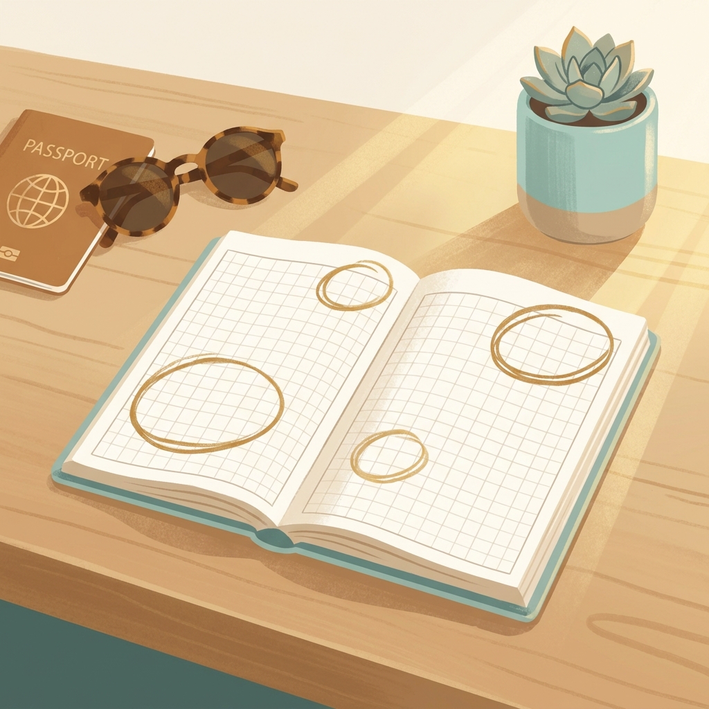 Travel planner and calendar open on a desk, representing hair restoration before vacation planning timeline strategy.