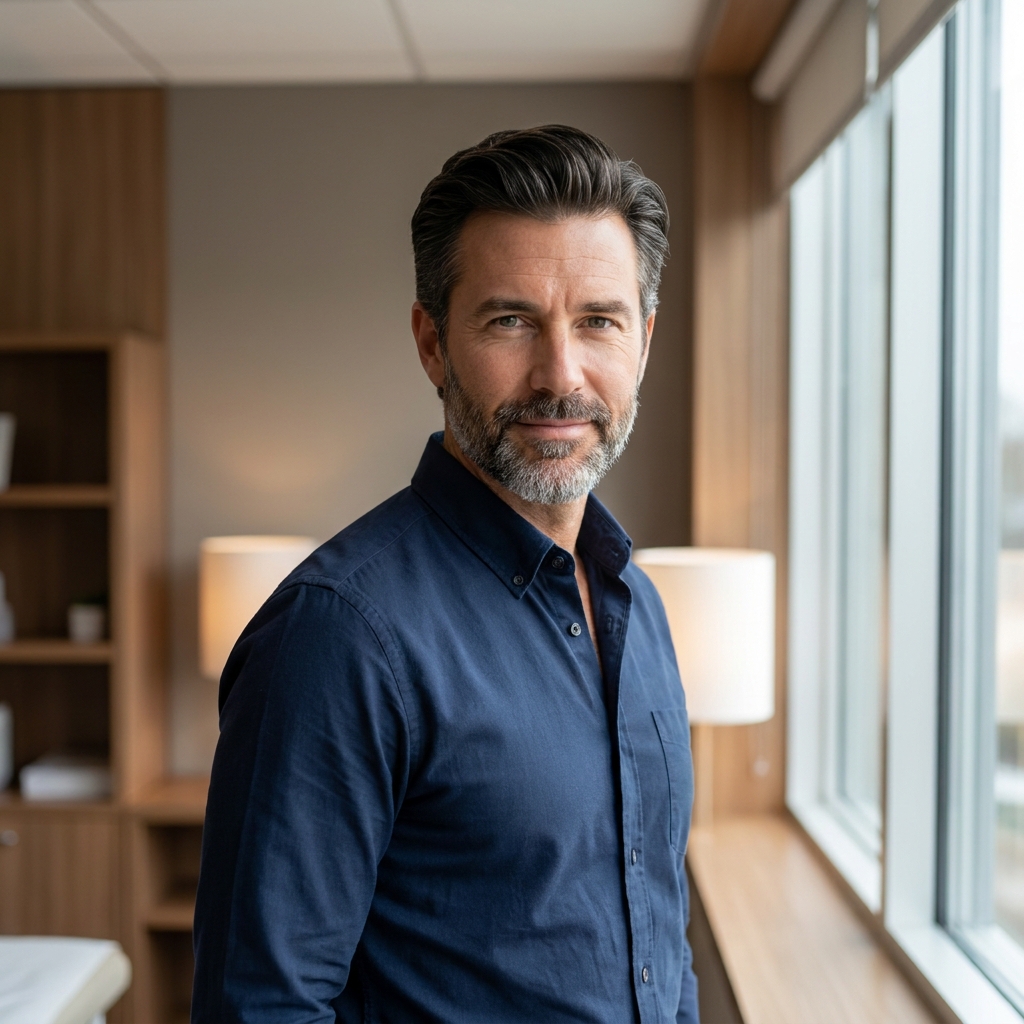 Confident man with healthy hair in a modern clinic — permanent hair loss solution for men
