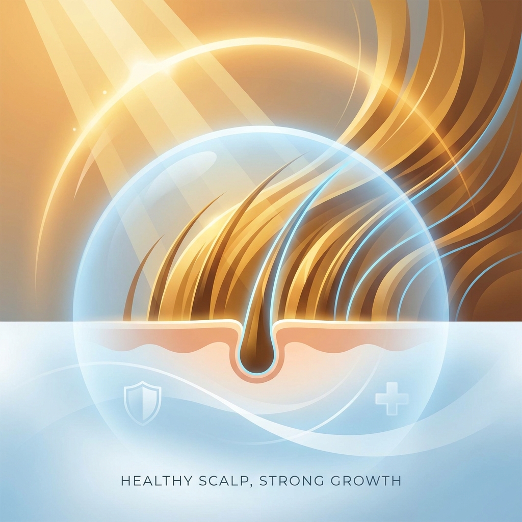 Illustration showing hair protected from sun exposure after hair transplant with a soft blue protective light filtering golden sunlight