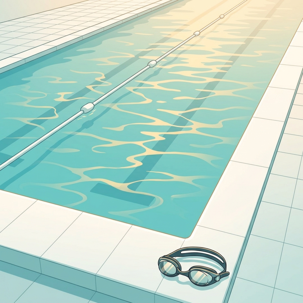 Sunlit swimming pool with goggles at the edge, representing safe return to swimming after hair transplant surgery.