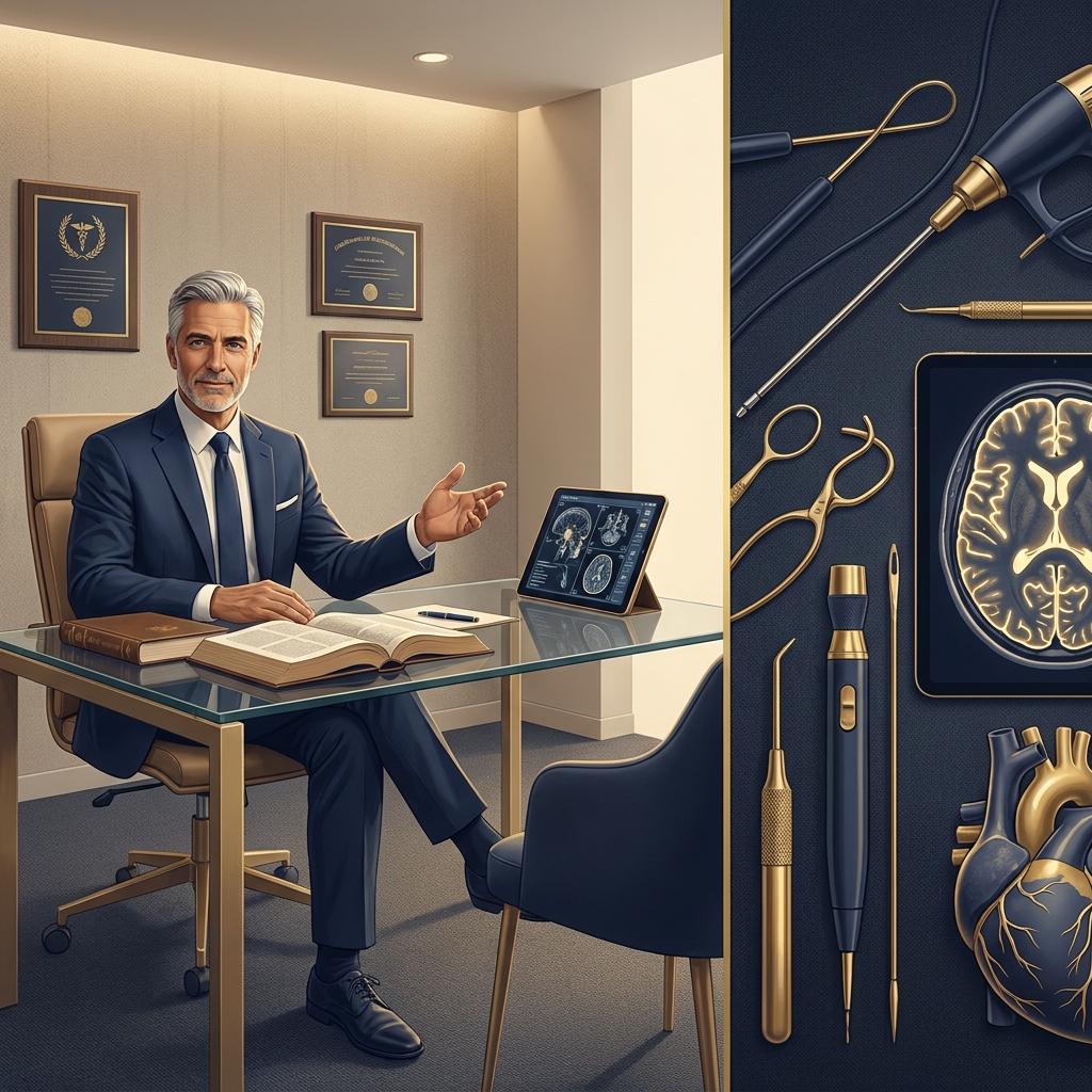 Specialized hair transplant surgeon vs general cosmetic surgeon — a distinguished specialist in a professional consultation setting