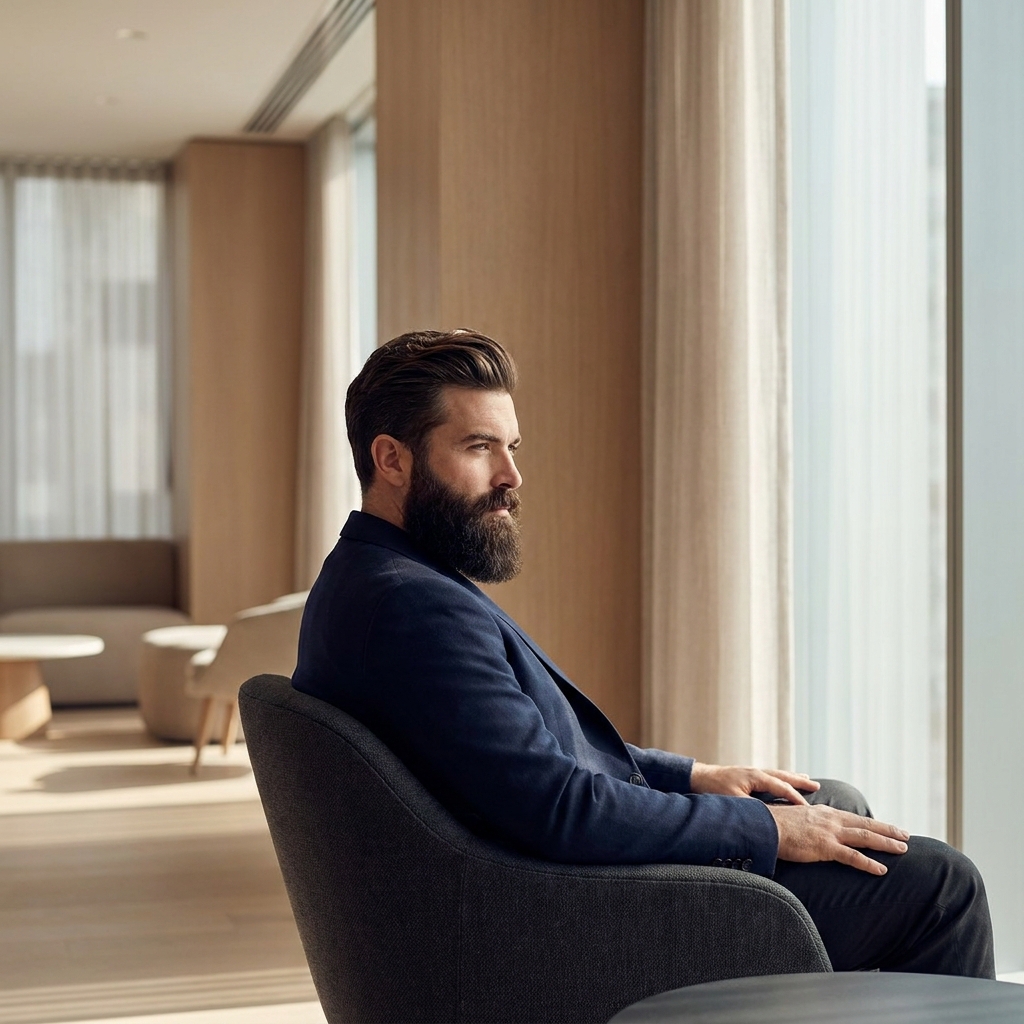 Man with restored hair in a modern clinic consultation room — FUT strip surgery hair transplant explained