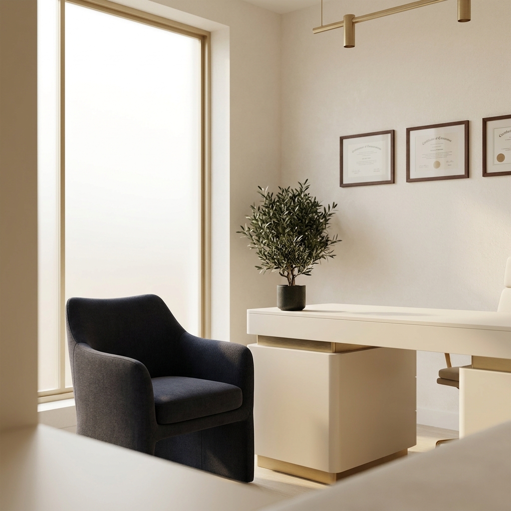 Elegant consultation room interior representing an exclusive hair transplant practice with 30+ years of single-specialty focus.