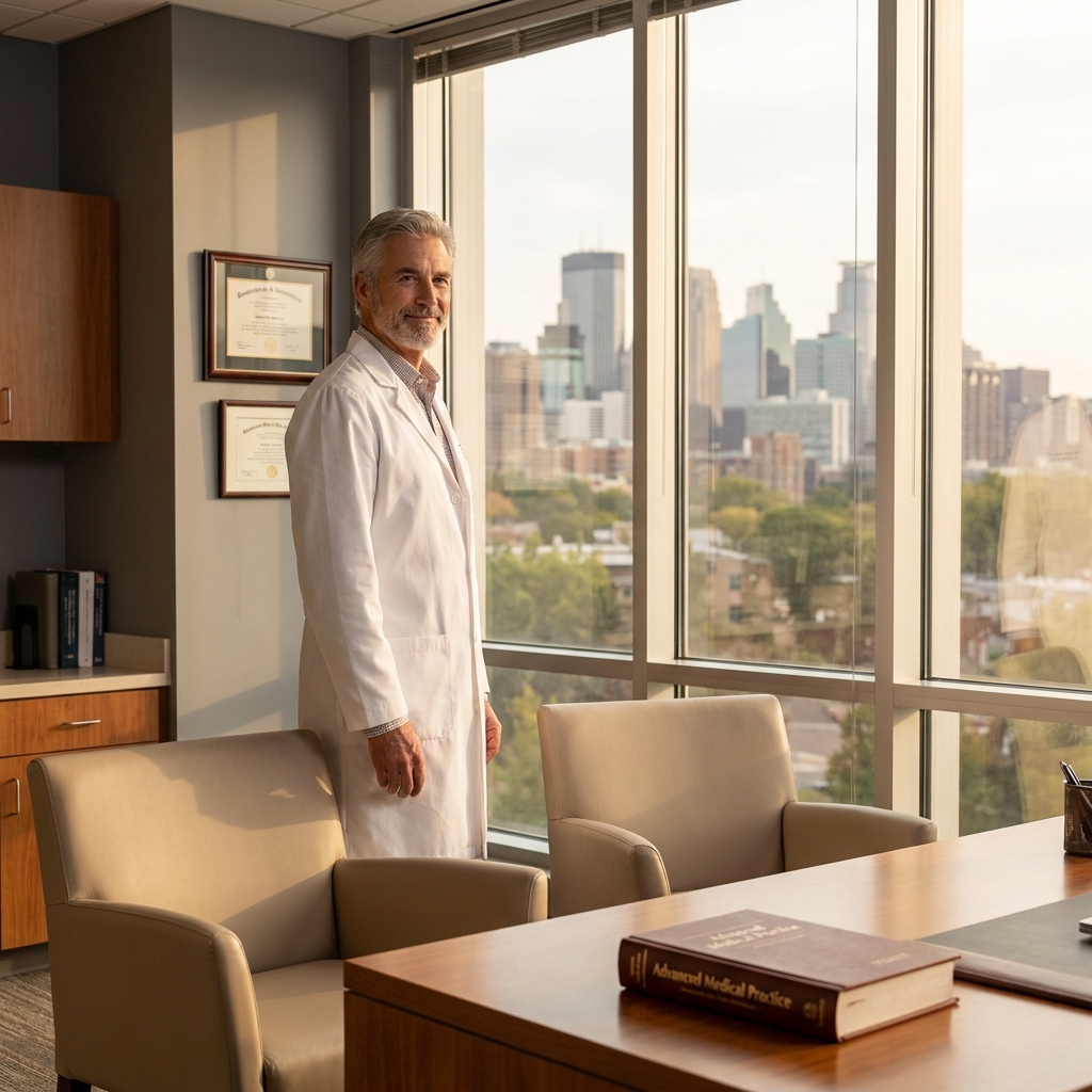 Distinguished hair restoration surgeon in a modern Minneapolis medical office, representing Dr Ron Shapiro hair transplant expertise.