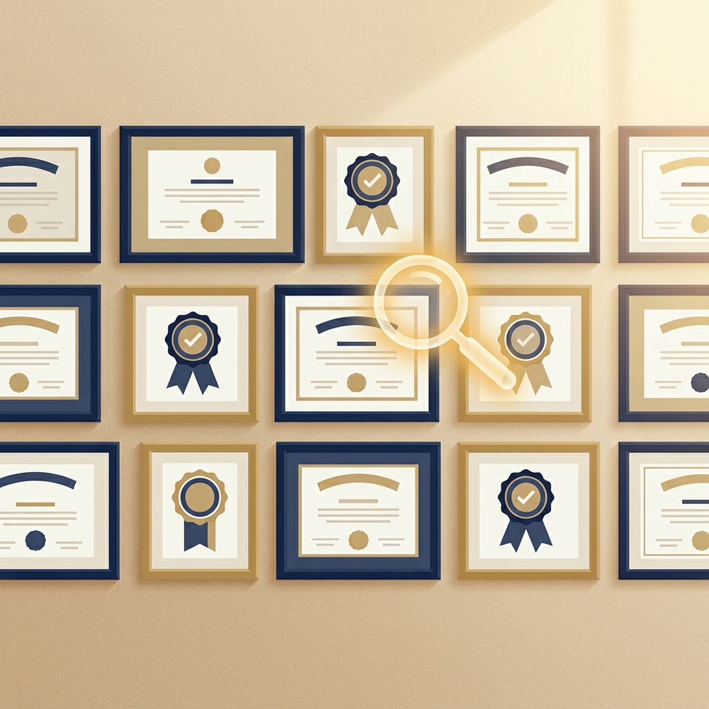 Illustrated display of medical credentials and certificates representing hair transplant medical team qualifications verification