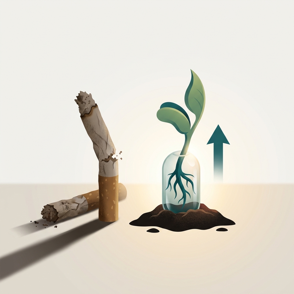Illustration contrasting a cigarette with a healthy seedling, symbolizing how smoking negatively affects hair transplant outcomes