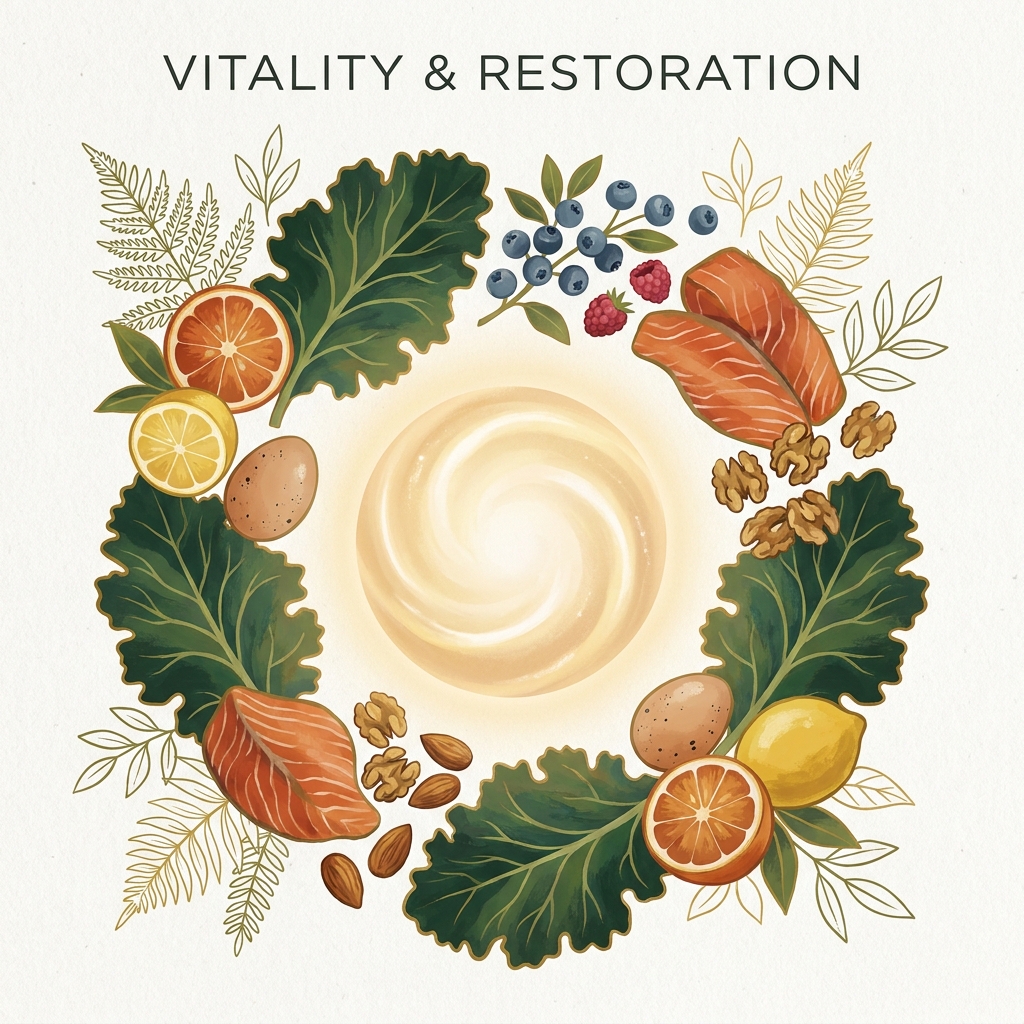Nutrient-rich foods supporting nutrition for hair transplant recovery arranged in a vibrant flat lay composition.