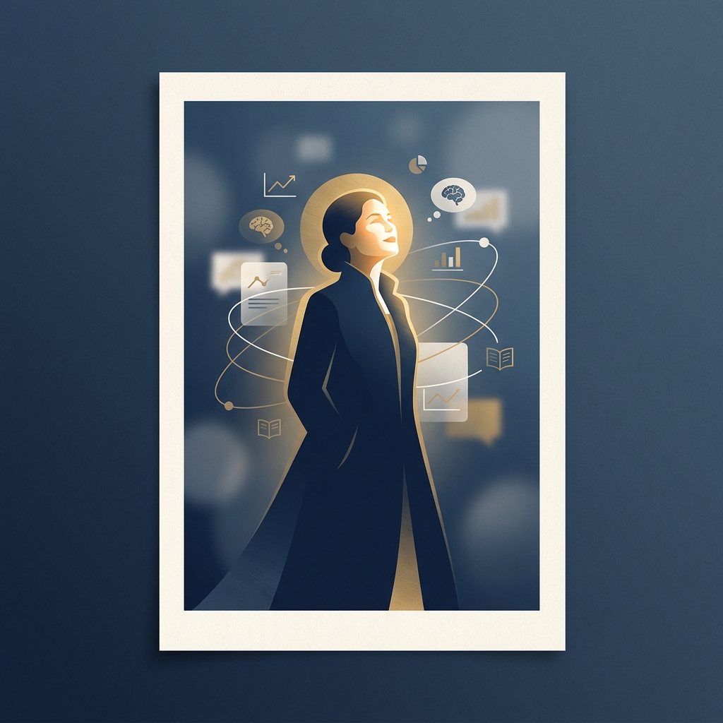 Confident person bathed in warm light surrounded by abstract research elements, representing hair transplant psychological benefits research