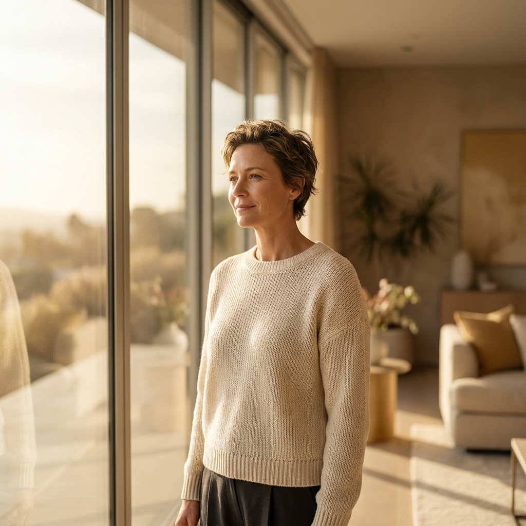 Person looking hopeful near sunlit window, representing overcoming hair loss stigma and seeking treatment