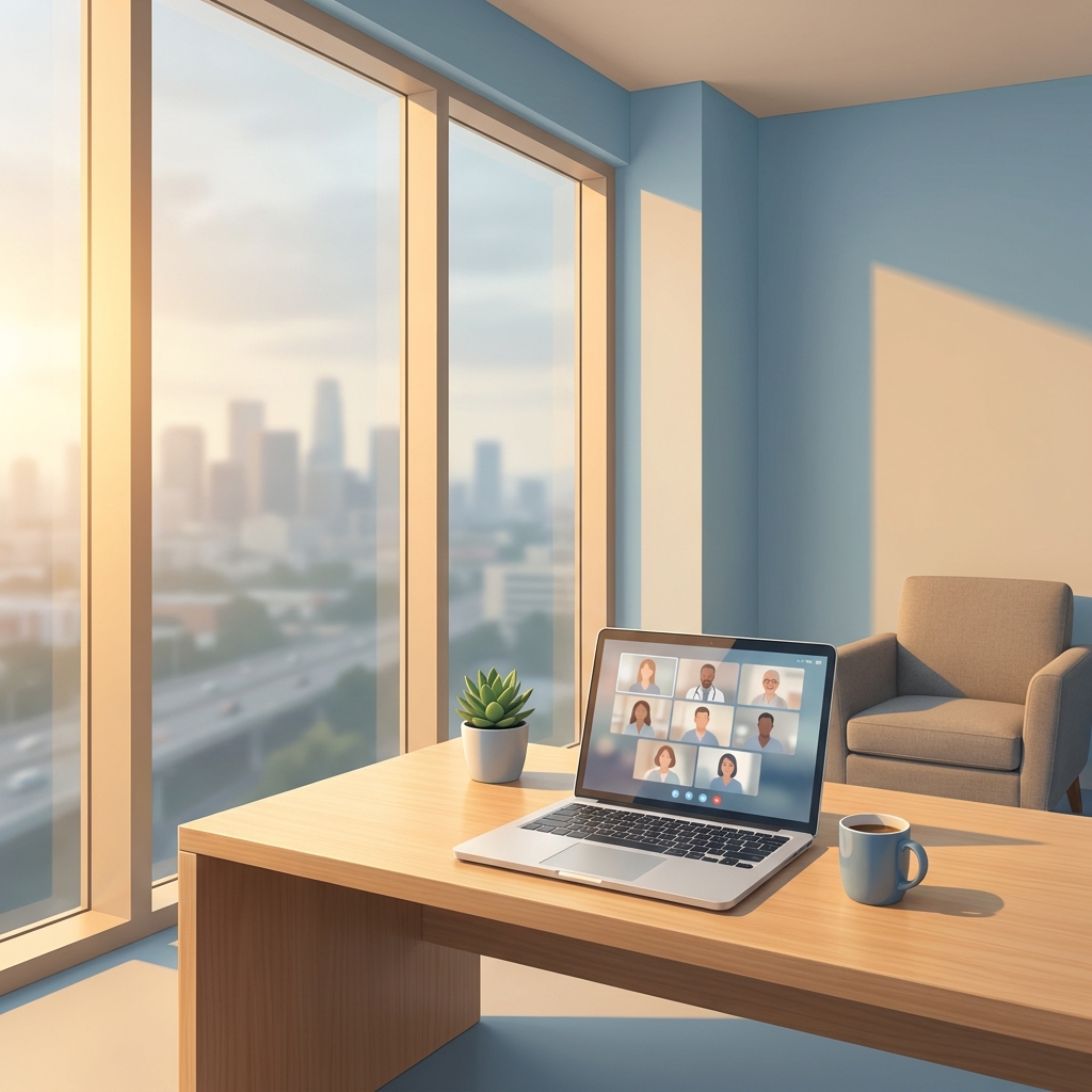 Modern telemedicine consultation setup representing hair transplant follow-up care for out-of-state patients