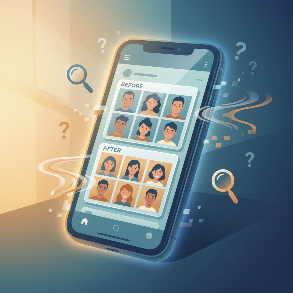 Illustration of a phone showing hair transplant social media results being examined with a magnifying glass, questioning what's real