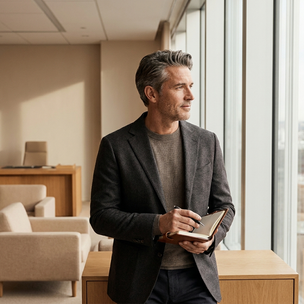 Confident man with healthy hair standing in modern setting, representing hair restoration options for men