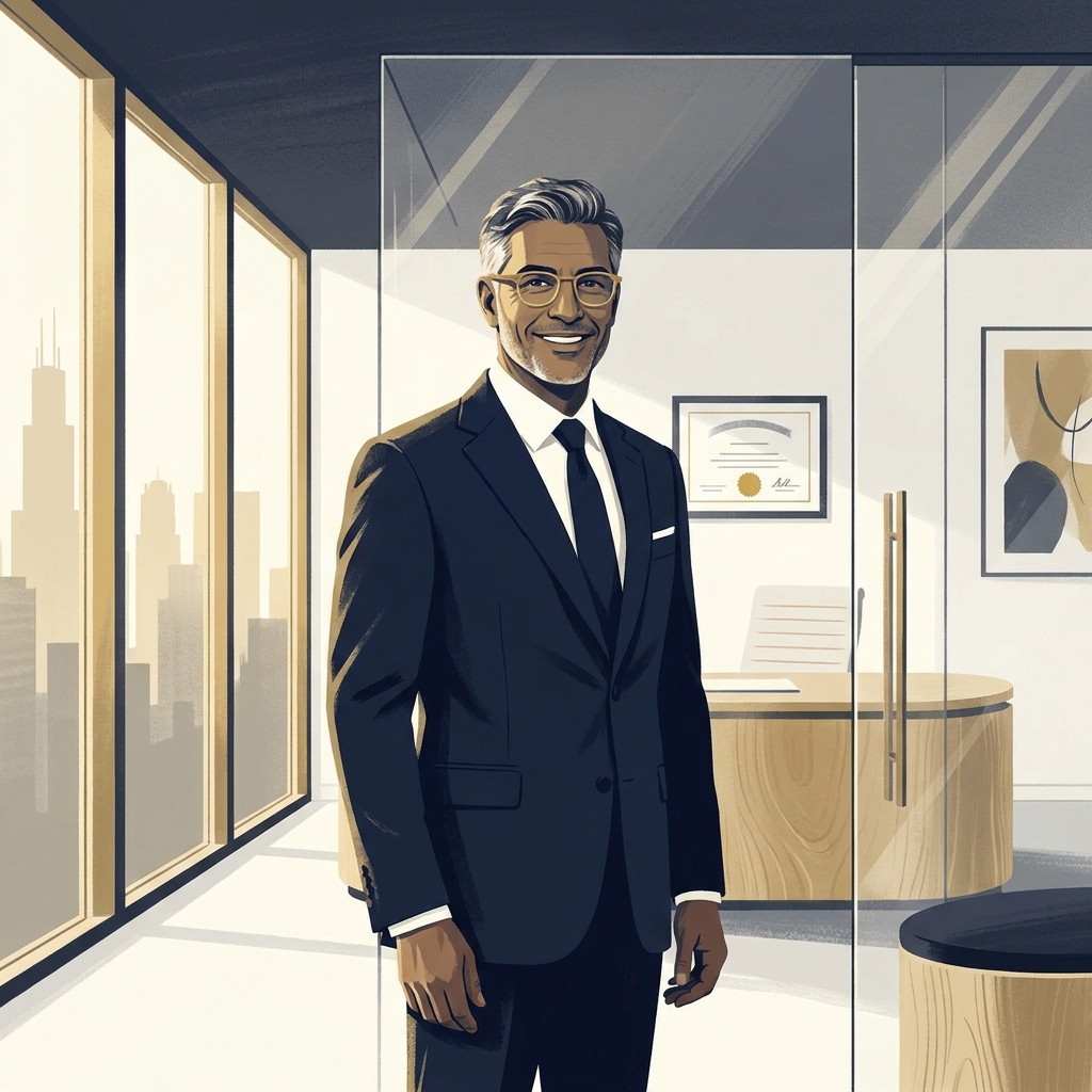 Confident man in a modern USA hair transplant clinic consultation room representing clinical standards for international patients
