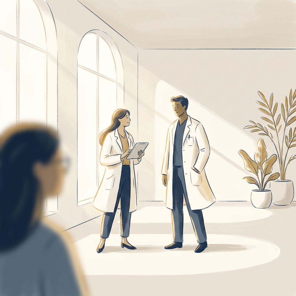 Hair restoration specialist vs dermatologist — two medical professionals in a modern consultation setting