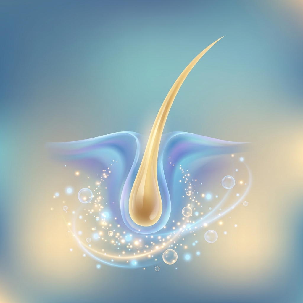 Stylized illustration of stem cell hair restoration science showing glowing cells and healthy hair growth