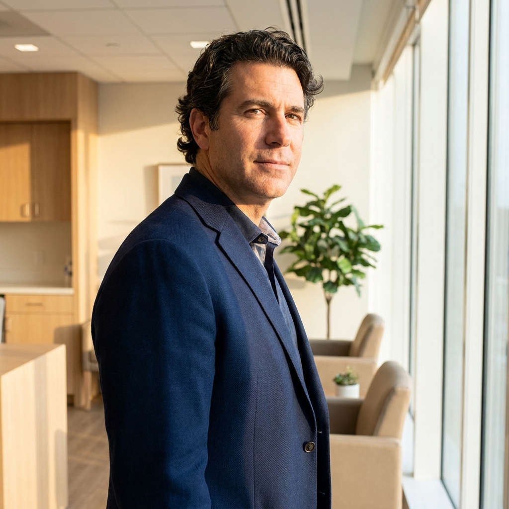 Confident man with full hair in a modern medical setting, representing successful hair restoration FUE outcomes.
