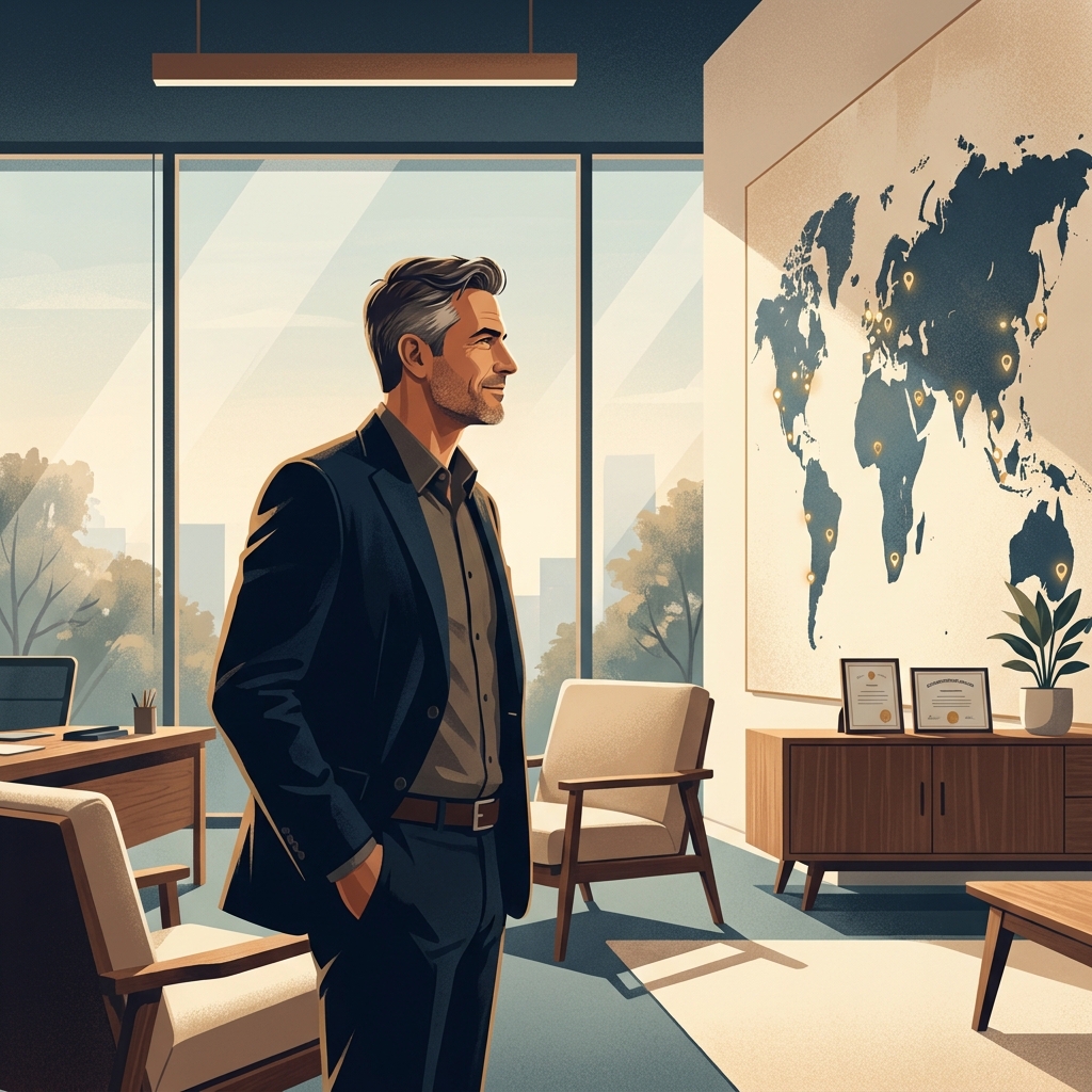 Man reviewing a map in a modern medical office, representing the search for qualified hair restoration surgeons near me