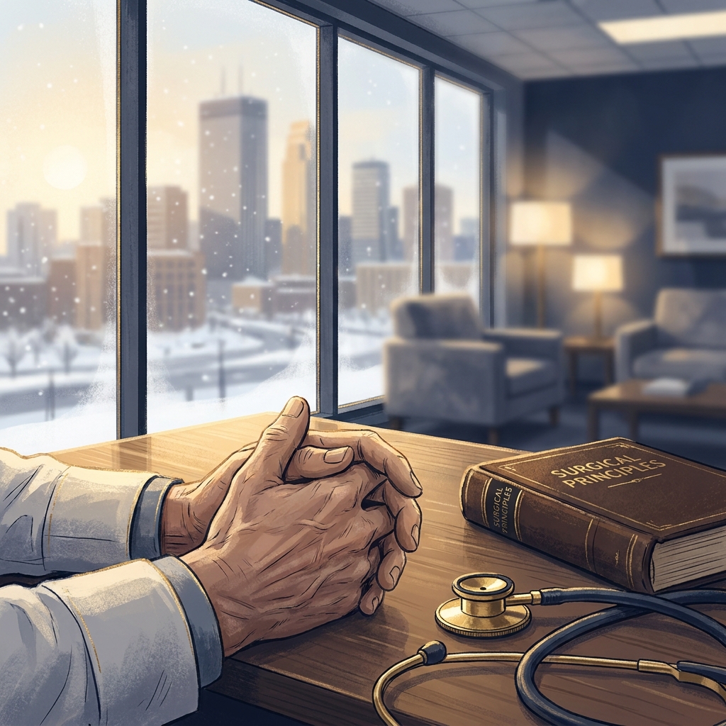 Hair transplant surgeon experience symbolized by a seasoned physician's consultation desk with medical textbook in warm professional light