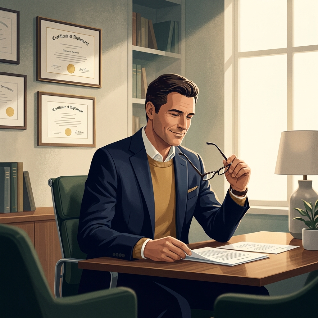 Man confidently reviewing credentials in a professional hair restoration specialist consultation office