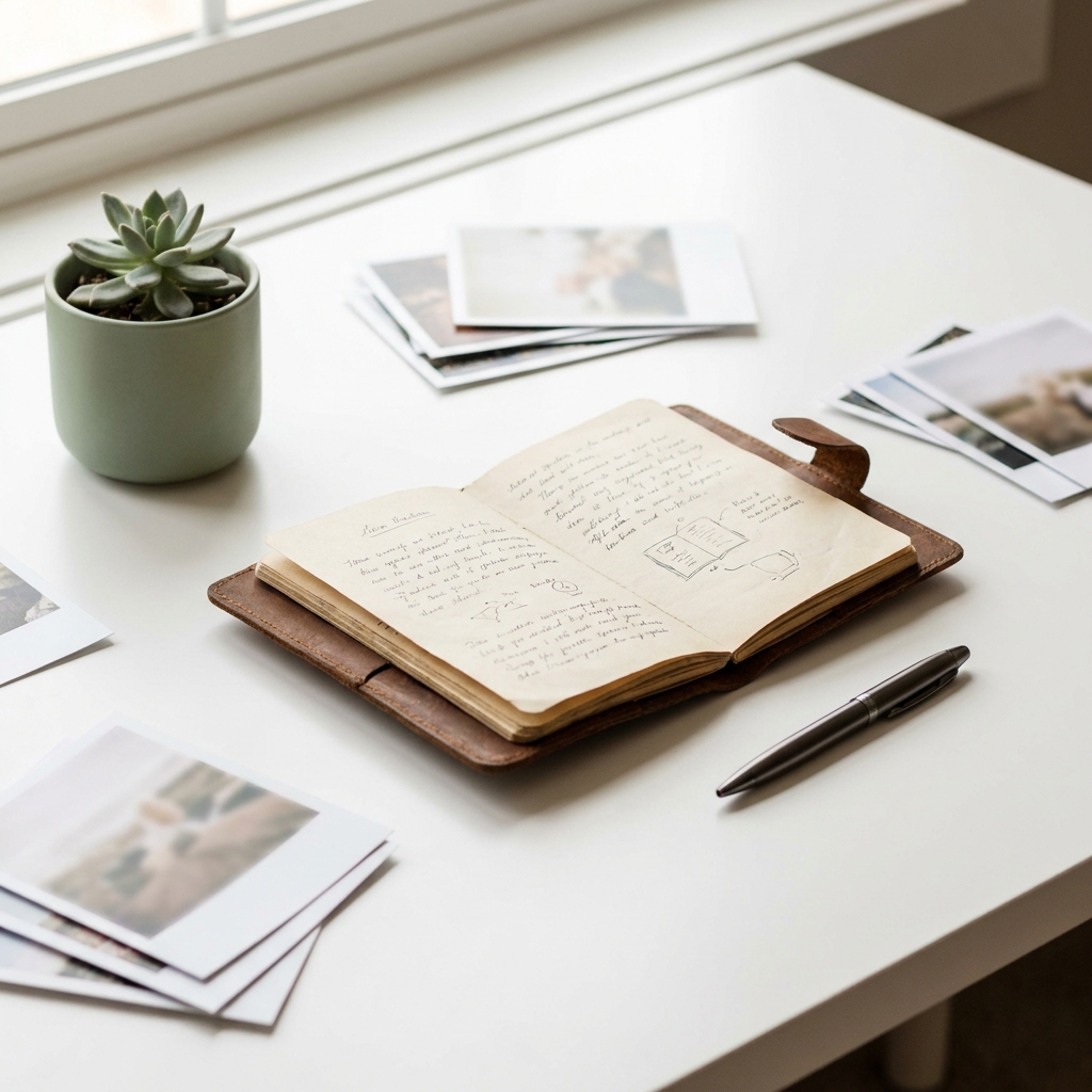 Organized photos and notes on a desk representing hair transplant photos to bring to consultation