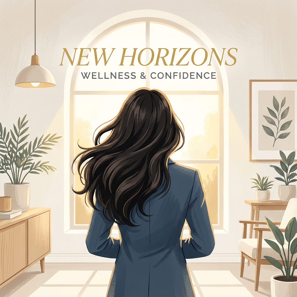 Person with restored, full hair standing confidently in a modern clinic setting, representing hair restoration surgery outcomes.