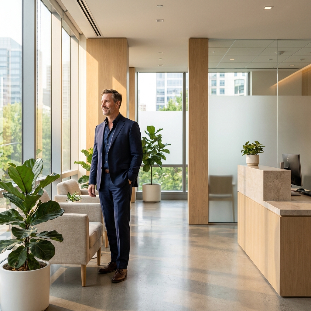 Confident man in modern Minneapolis hair restoration clinic ready to book his appointment