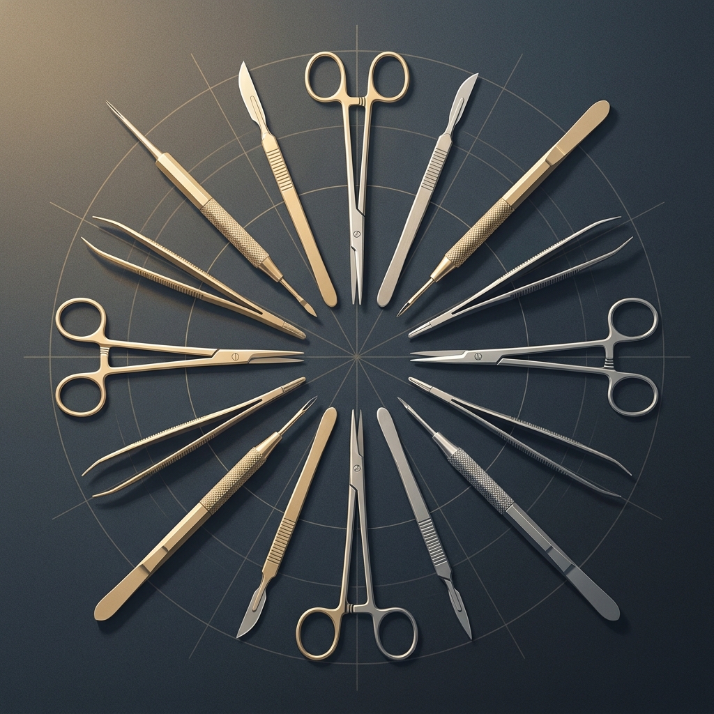 Elegant flat-lay of precision surgical instruments illustrating hair transplant implantation techniques and surgical craftsmanship.