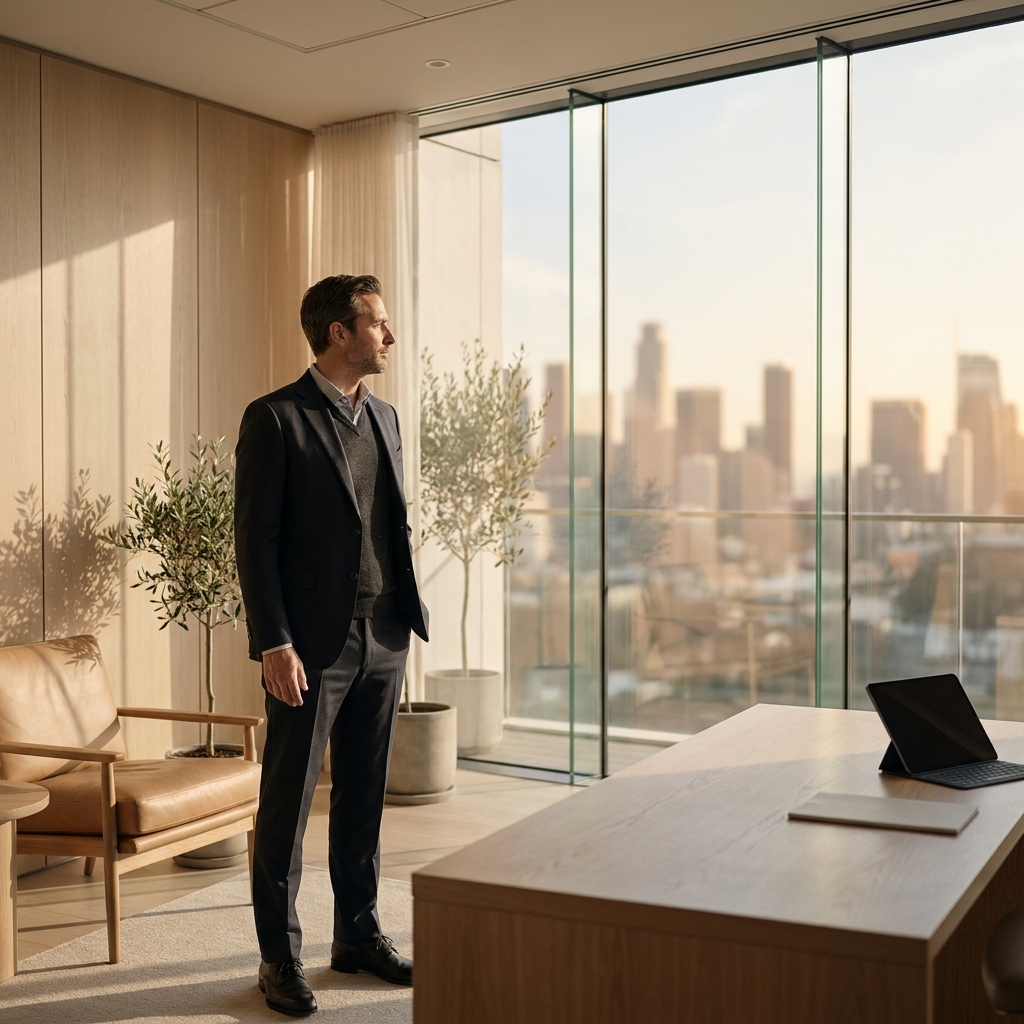 Man in modern medical consultation office considering hair restoration surgery options beyond just proximity