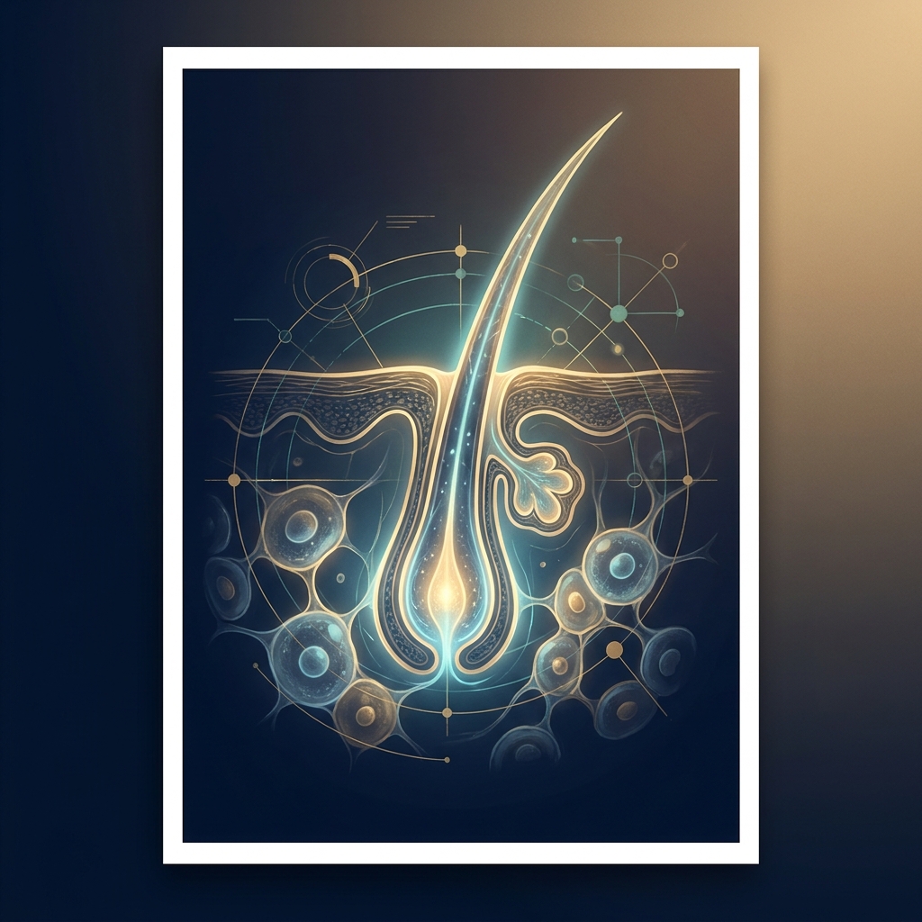Stylized scientific illustration of a hair follicle with cellular structures representing stem cell therapy for hair restoration