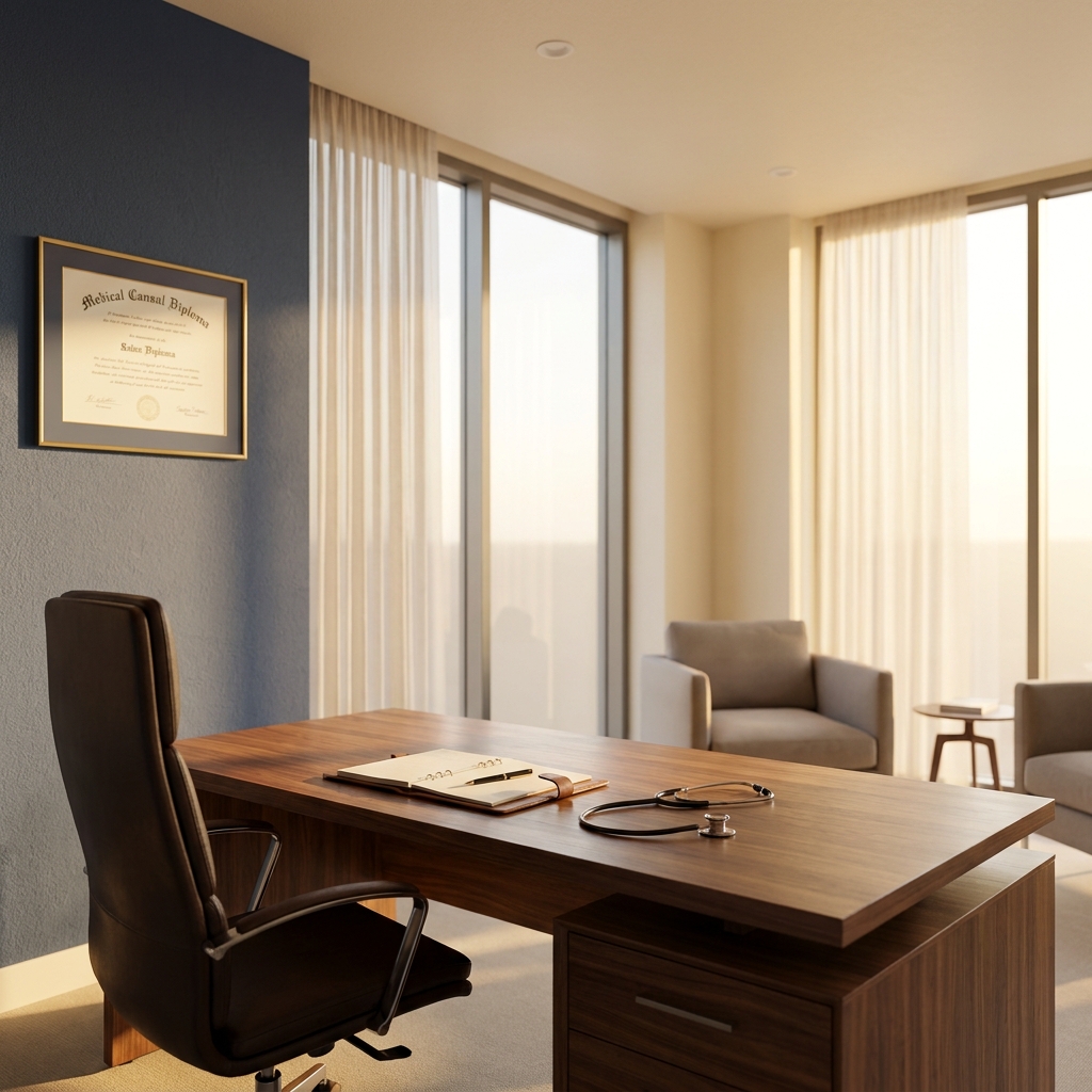 Professional physician's consultation office representing a physician-led hair transplant evaluation appointment