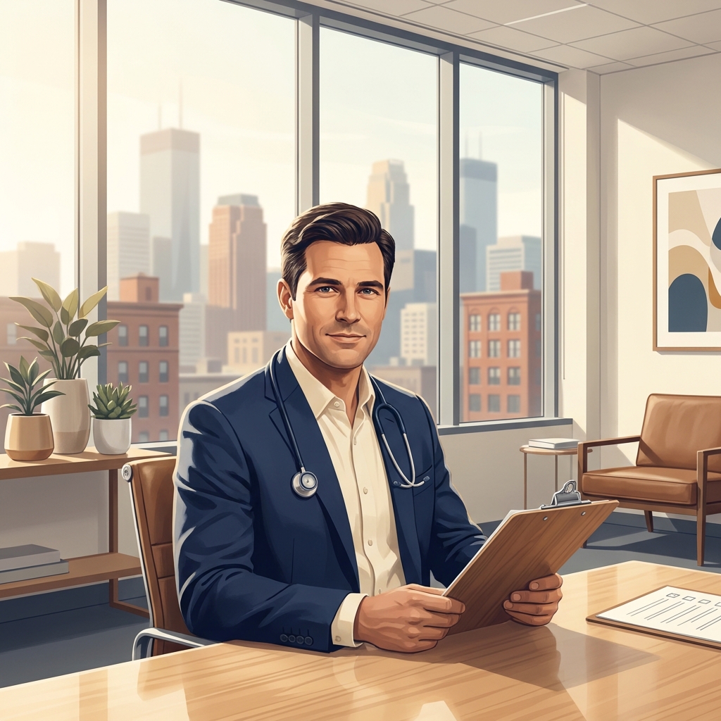 Man reviewing a credential checklist before a hair transplant surgeon Minneapolis appointment in a modern consultation office.
