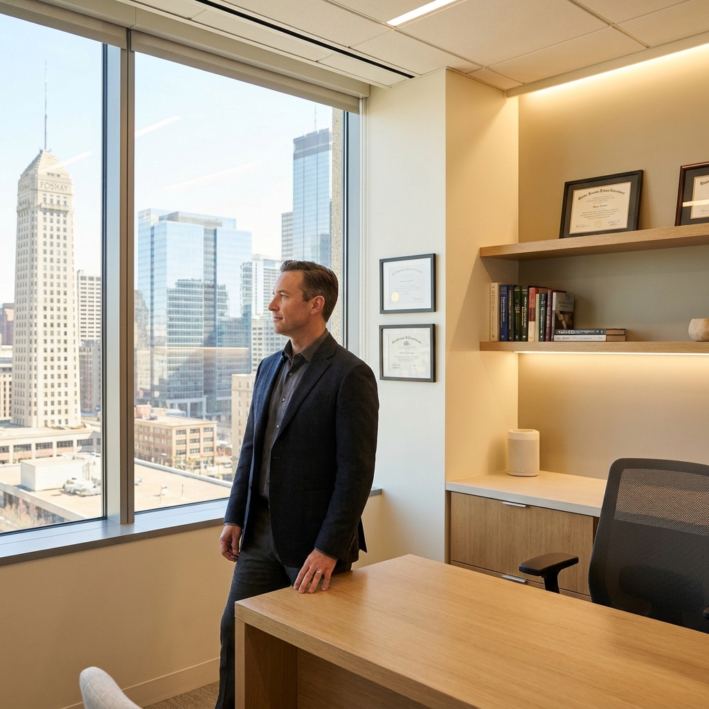 Confident man in modern Minneapolis medical consultation office, representing hair transplant medical tourism at Shapiro Medical Group.