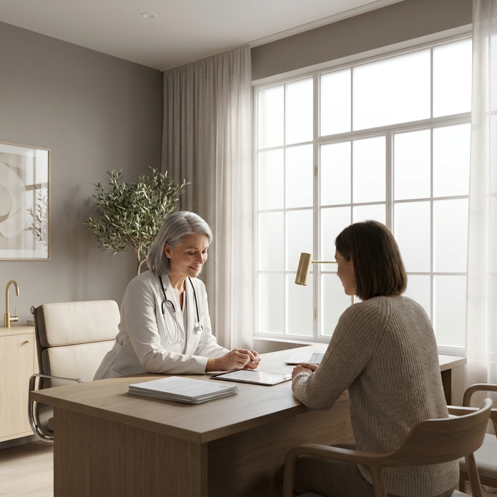 Physician conducting a hair restoration treatment plan consultation in a modern, professional medical office.